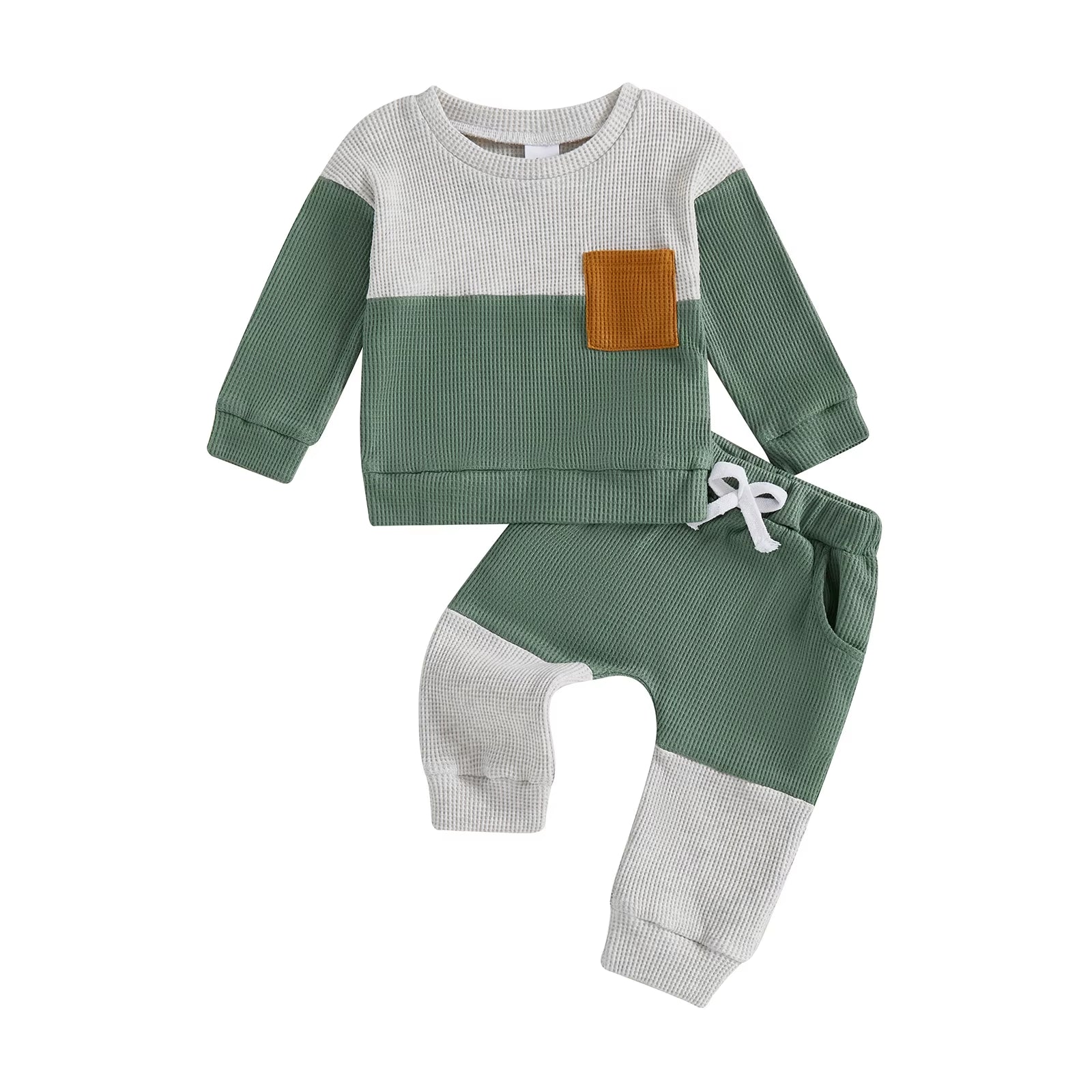 Stylish Baby Boy 2 Piece Set with Long Sleeve round Neck Waffle Tops and Elastic Waist Pants in Trendy Contrast Colors