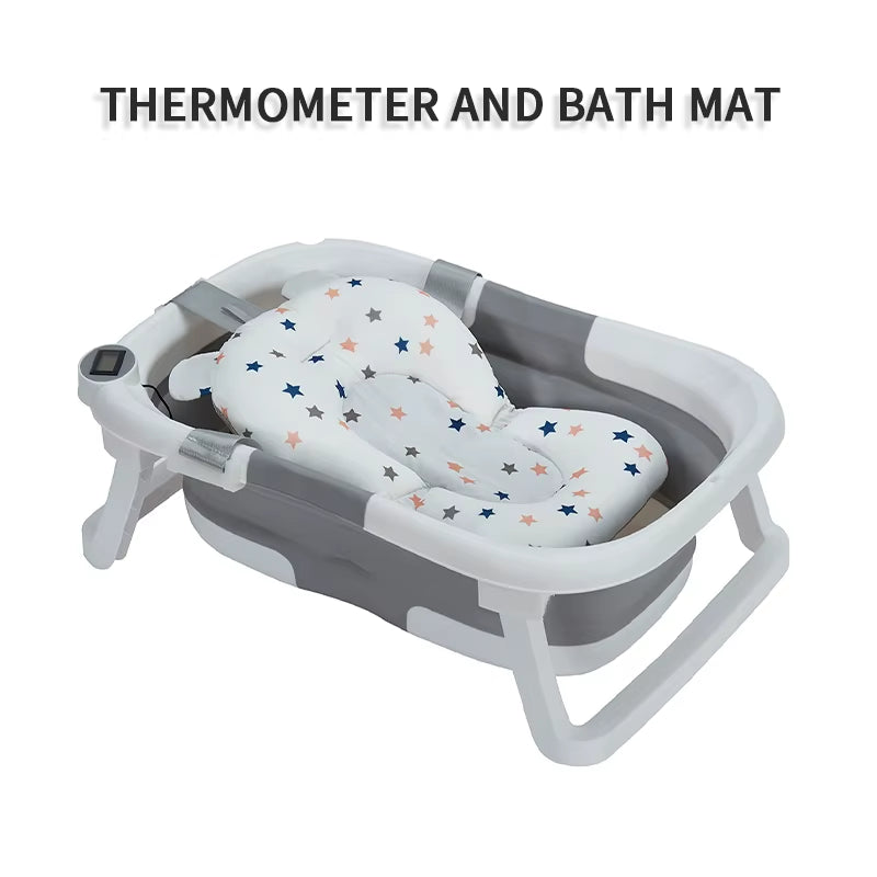 Foldable Baby Bathtub, Baby Bathtub with Soft Cushion and Thermometer, Portable Travel Baby Bathtub