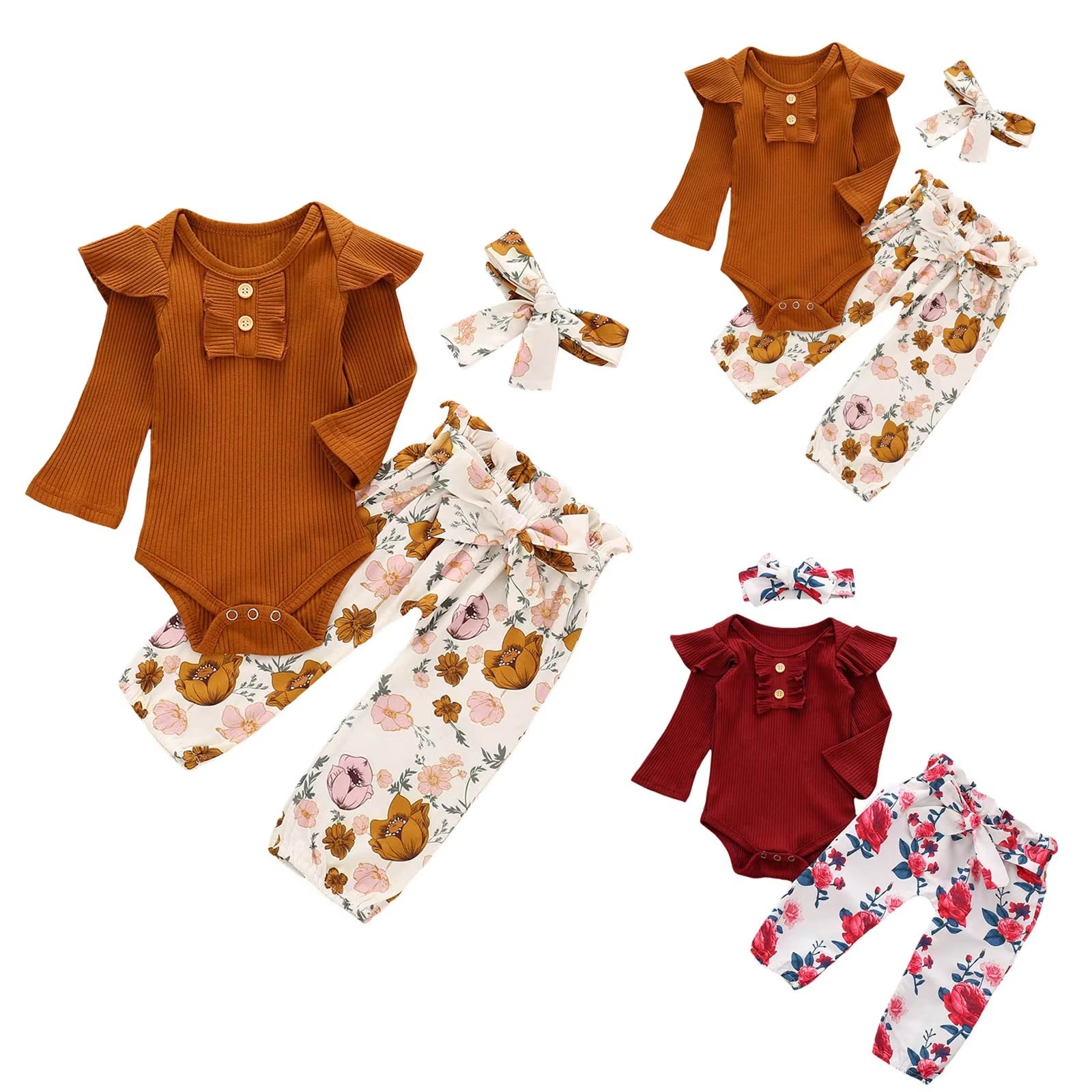 Baby Wrap for Girls Newborn Infant Baby Girls Solid Ruffle Ribbed Romper+ Floral Pants Outfits Set New Born Outfits