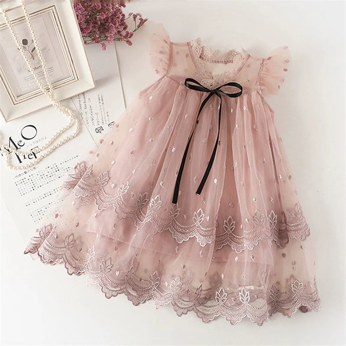 Youth Dress Shirt Girls' Fashionable Dress Korean Edition Children'S Dress Embroidered Mesh Vintage Dress Toddler Girl