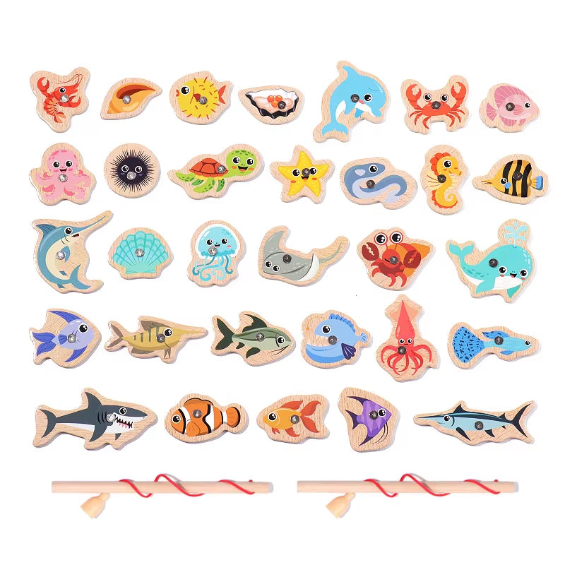 Magnetic Fishing Toys Game Set for Kids Montessori Wooden Cartoon Fishing Rod Educational Toys Birthday Party Toddle Gifts