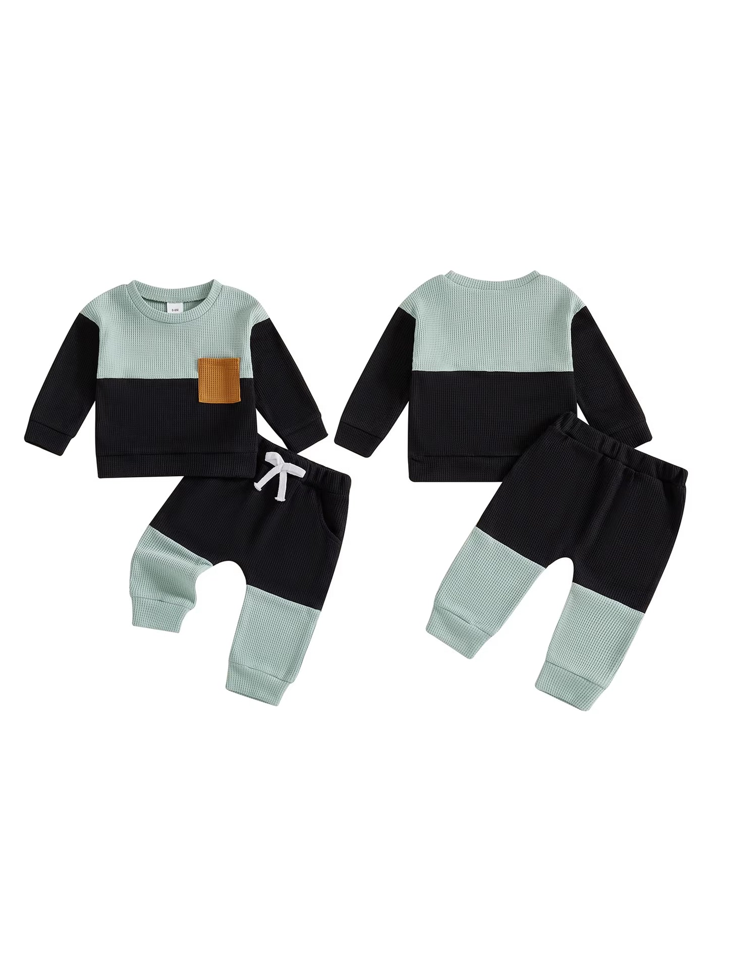 Stylish Baby Boy 2 Piece Set with Long Sleeve round Neck Waffle Tops and Elastic Waist Pants in Trendy Contrast Colors