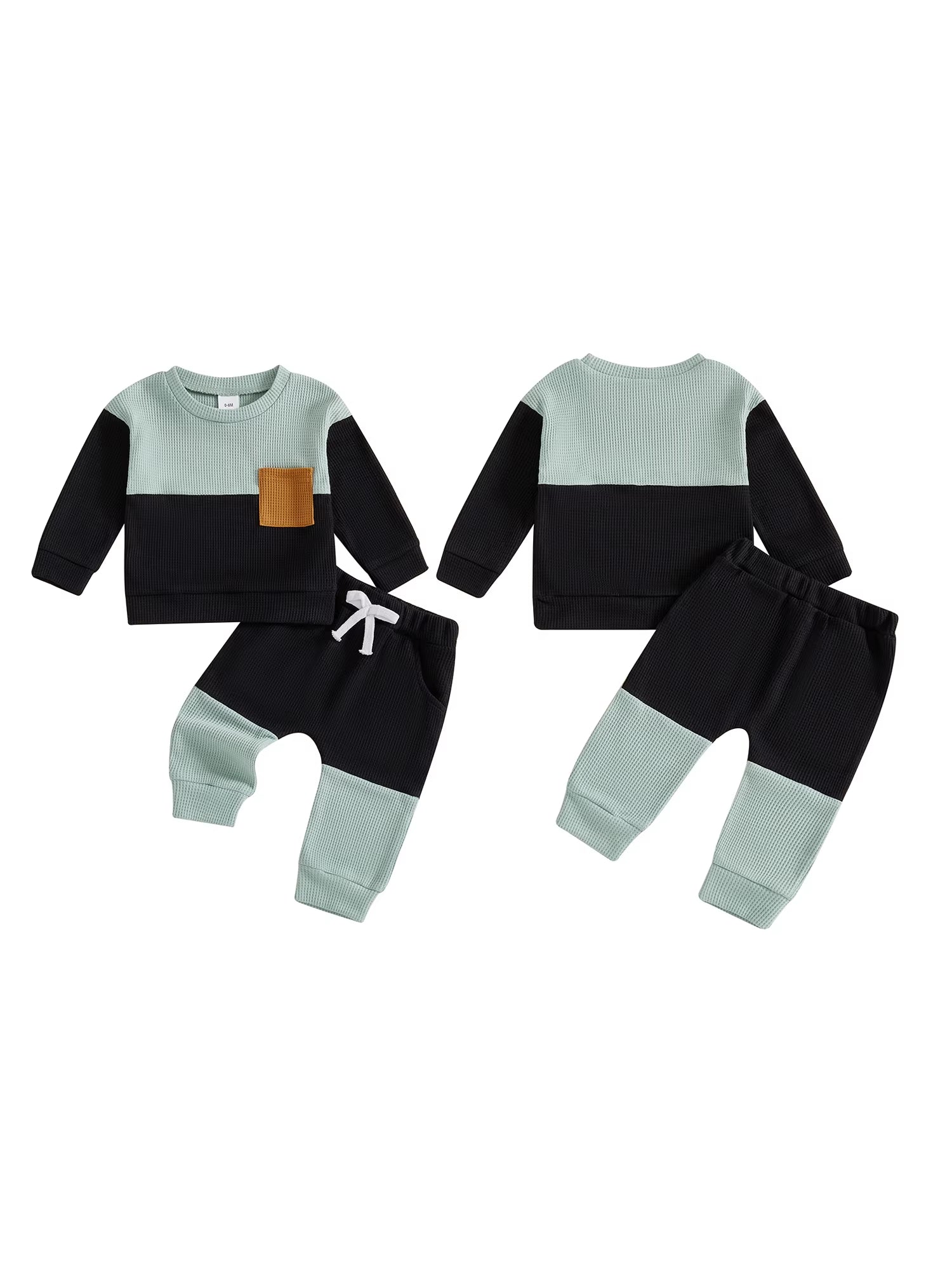 Stylish Baby Boy 2 Piece Set with Long Sleeve round Neck Waffle Tops and Elastic Waist Pants in Trendy Contrast Colors