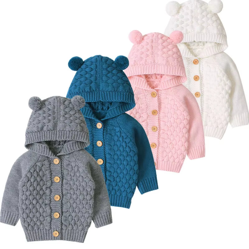 Fall Autumn Winter Cute 3D Ear Toddler Boys Girls Kids Baby Sweater Hooded Knit Warm Coat Blends Outerwear