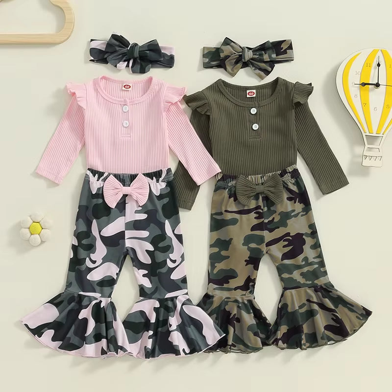 2024-05-27  Baby Girl 3 Piece Fall Outfit, Long Sleeve Ribbed Solid Color Romper Camouflage Flared Pants Headband