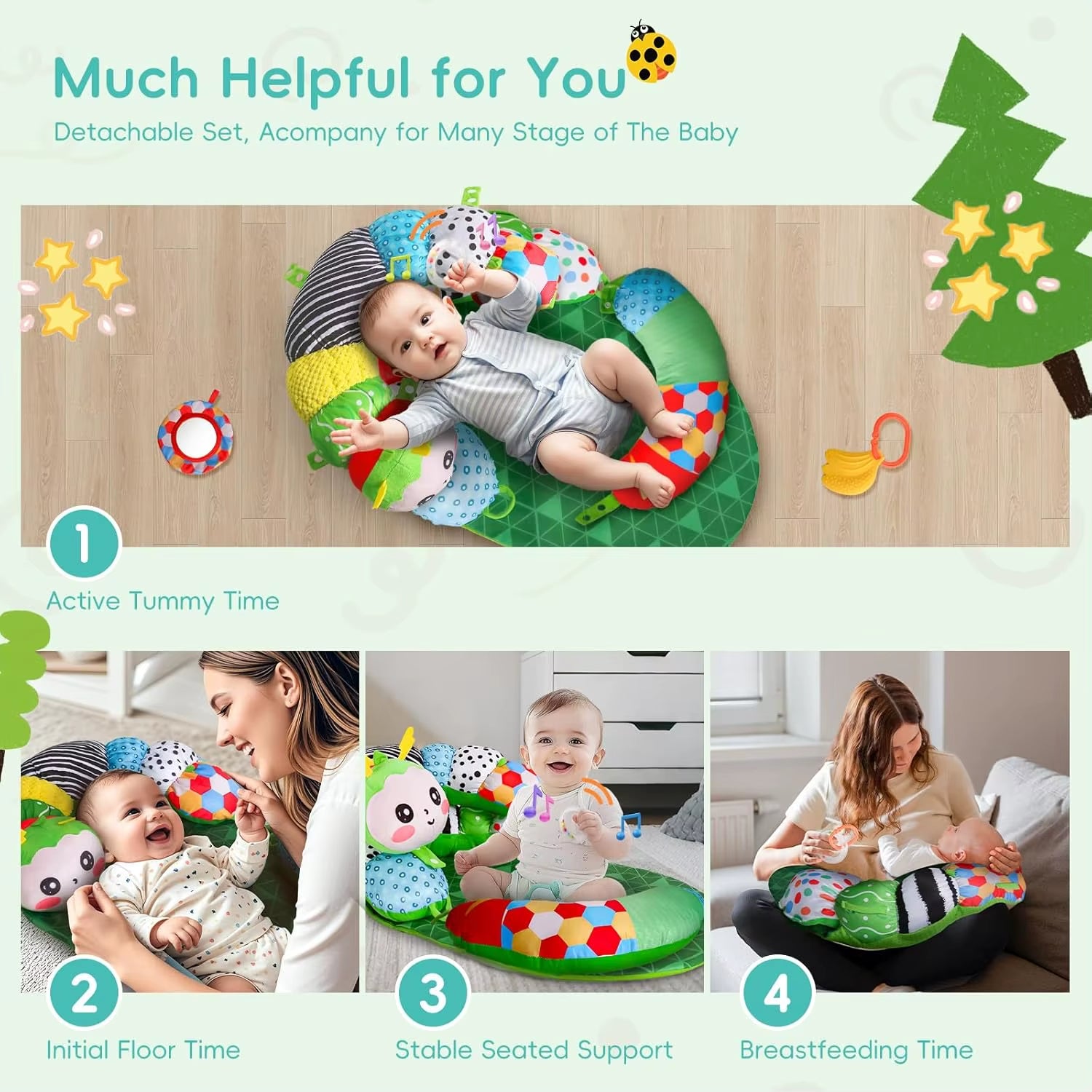 Extra Long 3-In-1 Baby Tummy Time Pillow & Playmat for Newborns 0-12 Months, Soft Support Toy with Sensory Features