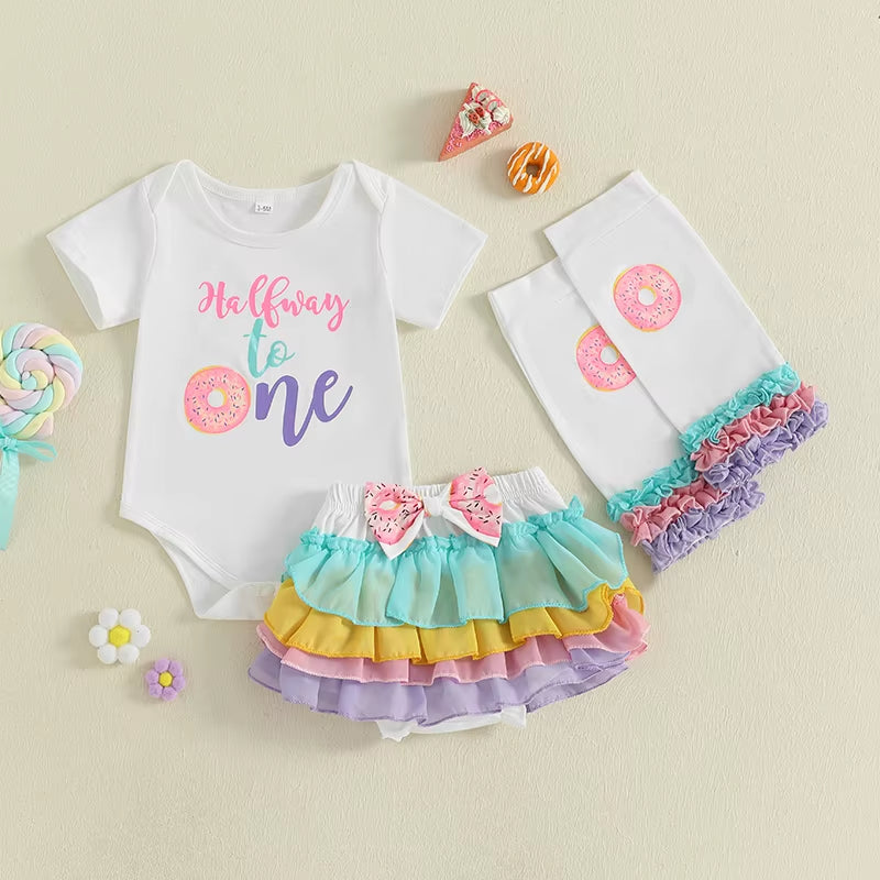 Toddler Girl Birthday Set Cupcake Print Short Sleeve Bodysuit Layered Tulle Skirt Leg Warmers Headband Summer Outfit Party