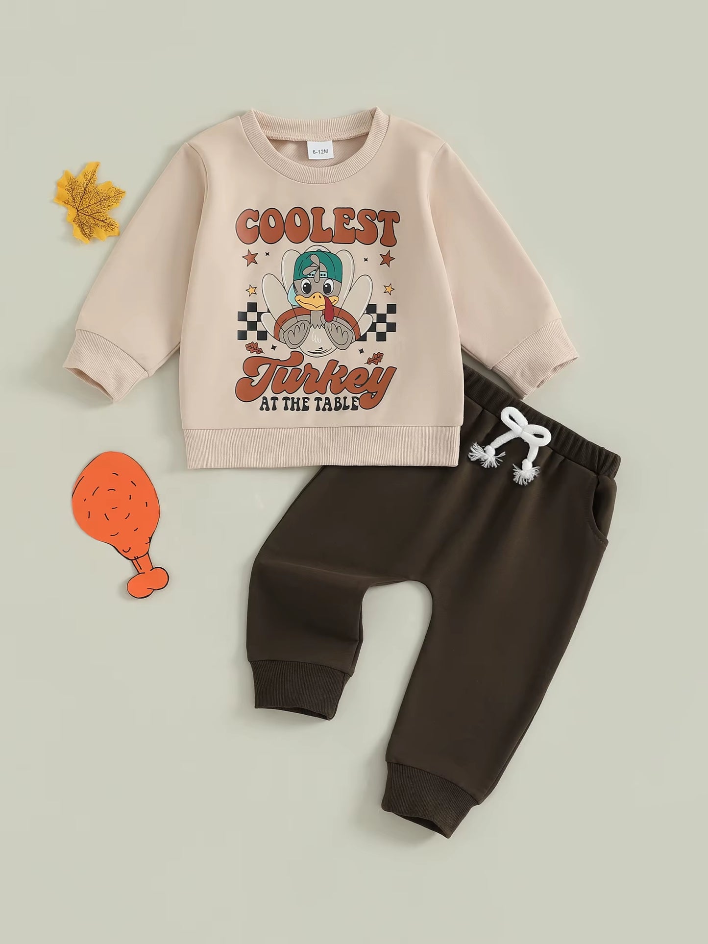 Baby Boy Thanksgiving Outfits Turkey Print Long Sleeve round Neck Pullover Elastic Waist Solid Pants 2 Pcs Set for Fall