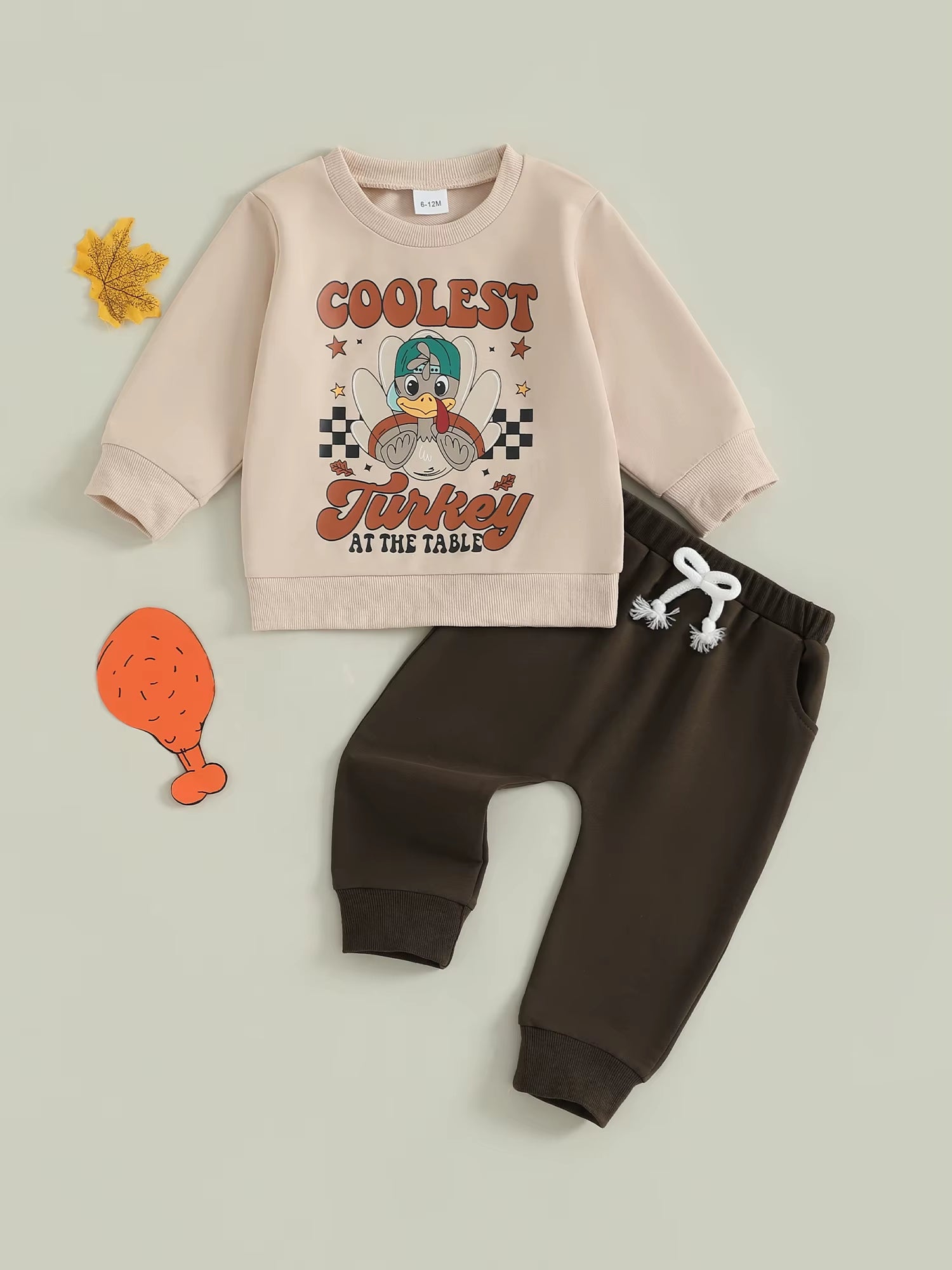 Baby Boy Thanksgiving Outfits Turkey Print Long Sleeve round Neck Pullover Elastic Waist Solid Pants 2 Pcs Set for Fall