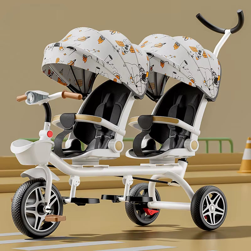 Multifunctional Twin Children'S Tricycle Foldable Baby Bicycle Two-Way Twin Baby Stroller Swivel Seat Double Stroller