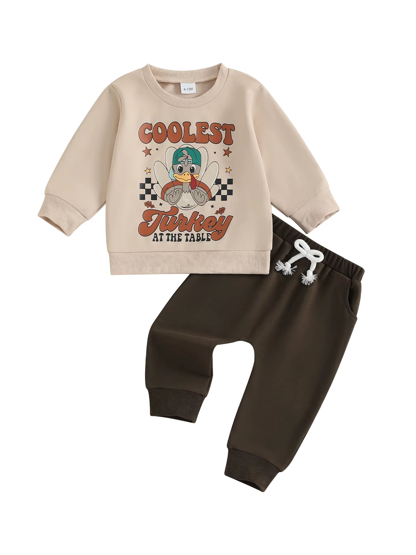 Baby Boy Thanksgiving Outfits Turkey Print Long Sleeve round Neck Pullover Elastic Waist Solid Pants 2 Pcs Set for Fall