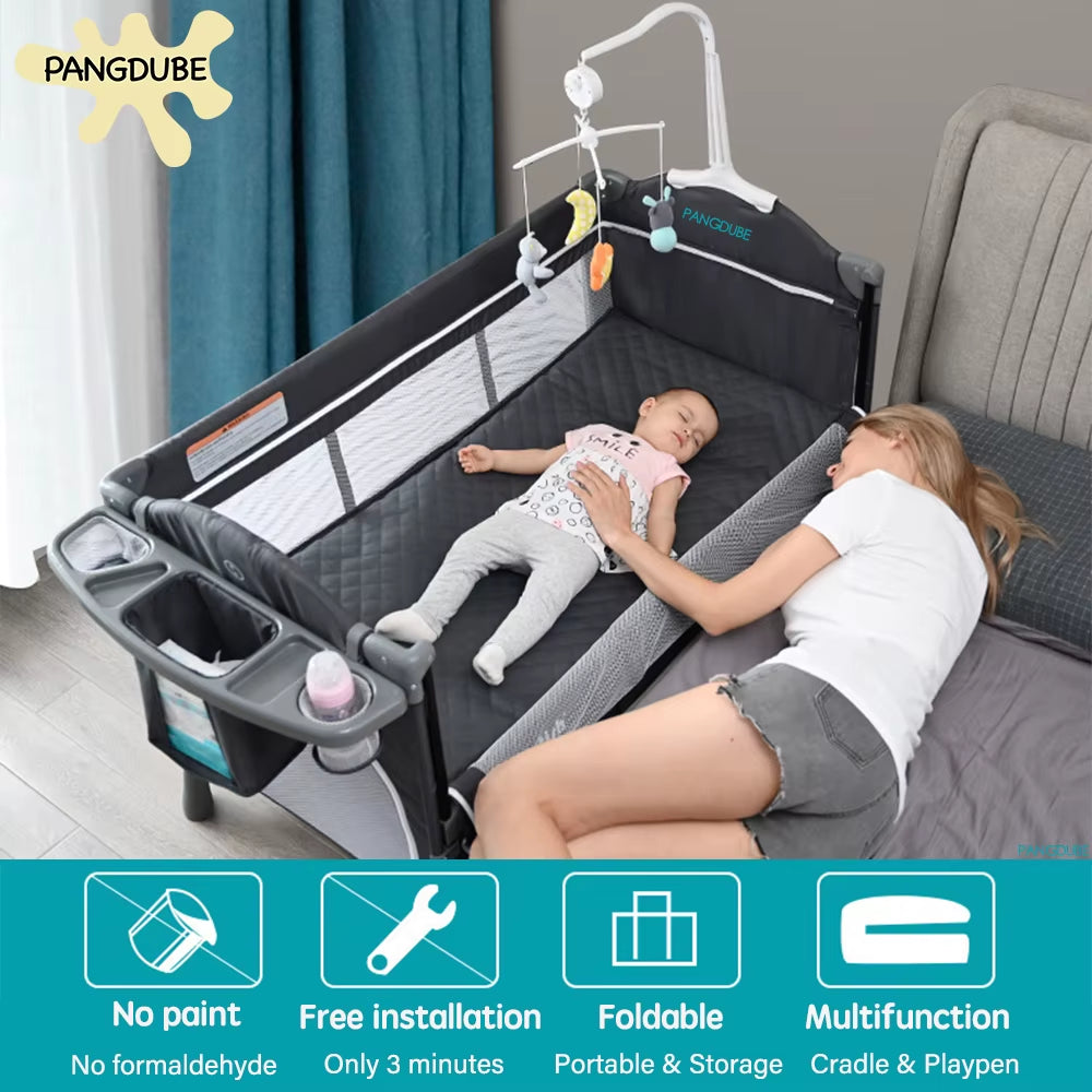 4-In-1 Baby Crib Multifunctional Convertible Bed with Rocker & Baby Playpen Newborn Changing Table Foldable Travel Cot