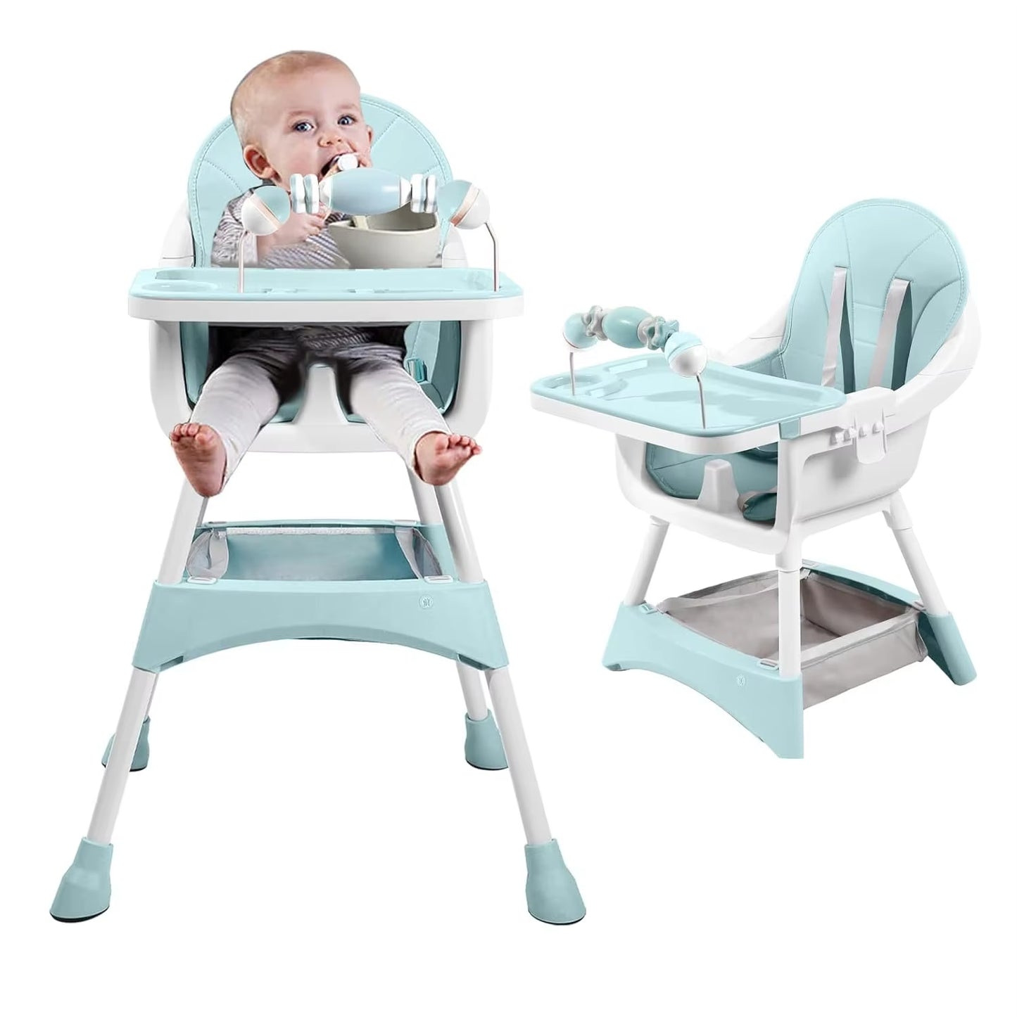 Convertible Foldable High Chair – Easy to Clean, Padded Seat with Footrest, Tray & Cup Holder (6 Months-3 Years, 15Kg Max)