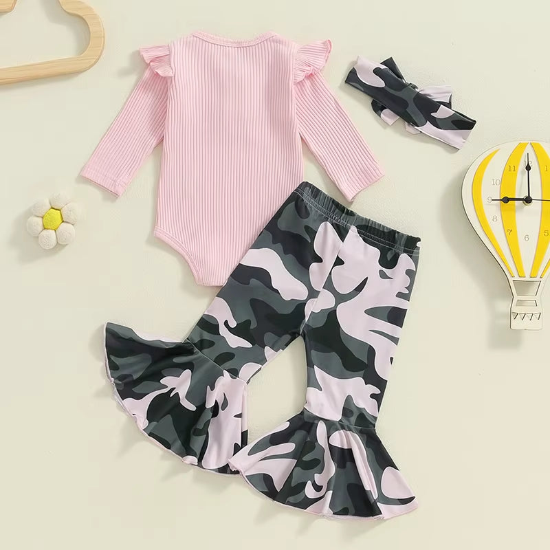 2024-05-27  Baby Girl 3 Piece Fall Outfit, Long Sleeve Ribbed Solid Color Romper Camouflage Flared Pants Headband