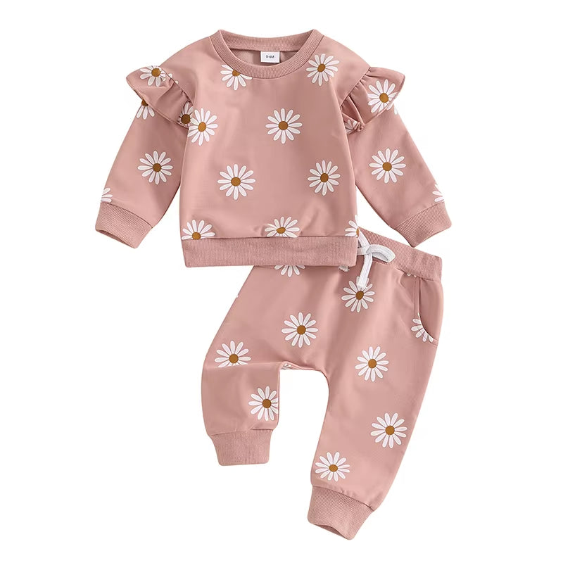 2024-05-24  Toddler Girl Fall Outfit Daisy Print Long Sleeve Sweatshirt with Elastic Waist Pants 2 Pcs Set