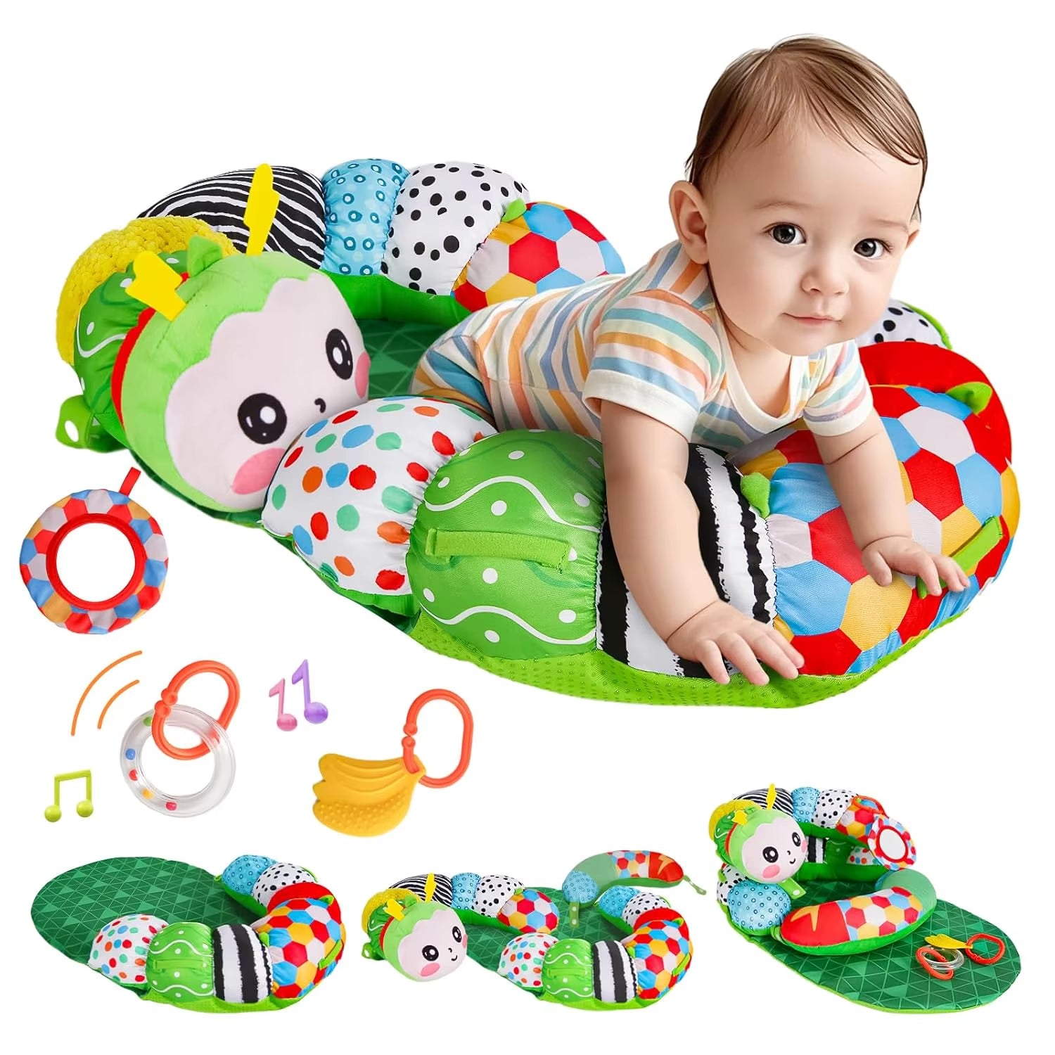Extra Long 3-In-1 Baby Tummy Time Pillow & Playmat for Newborns 0-12 Months, Soft Support Toy with Sensory Features