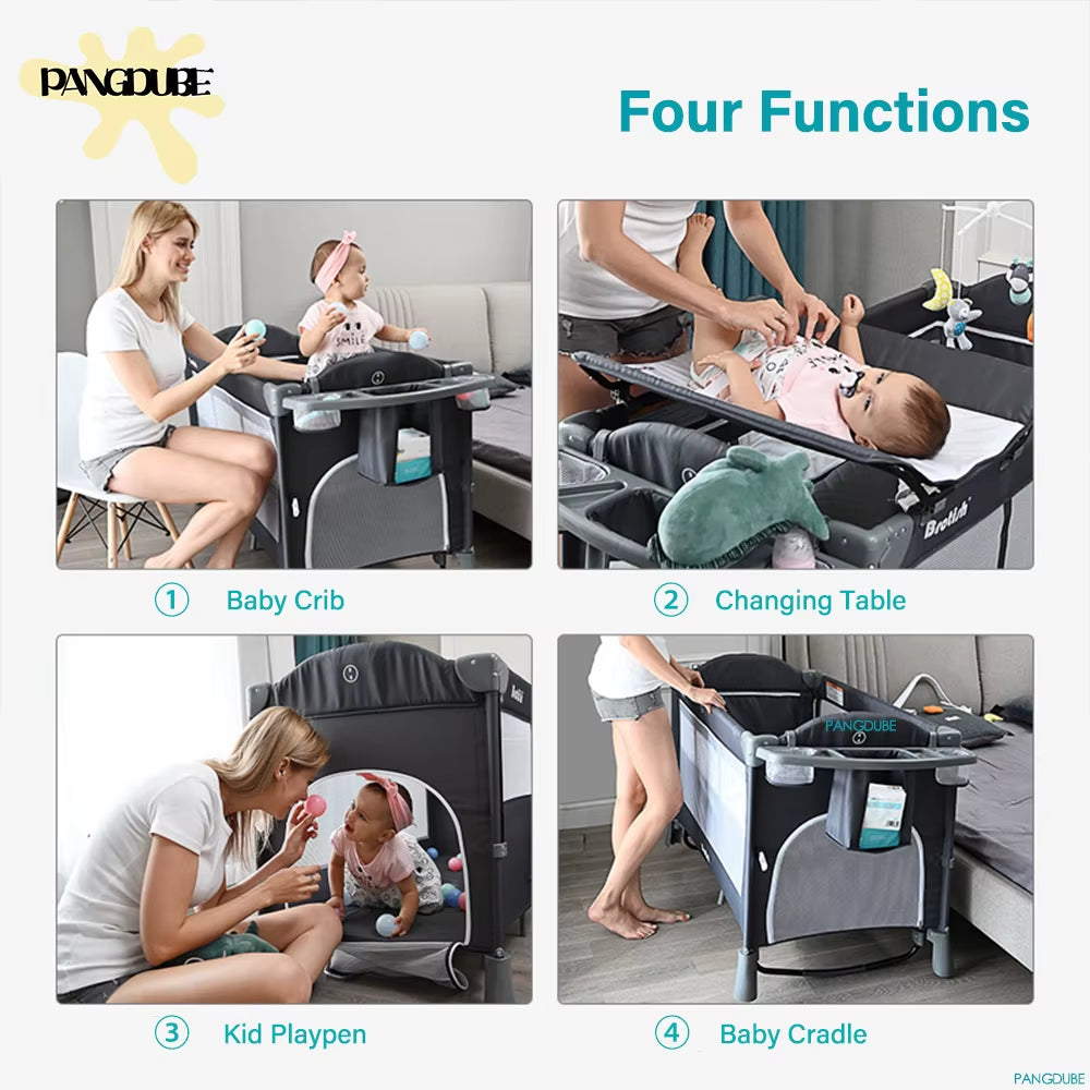 4-In-1 Baby Crib Multifunctional Convertible Bed with Rocker & Baby Playpen Newborn Changing Table Foldable Travel Cot