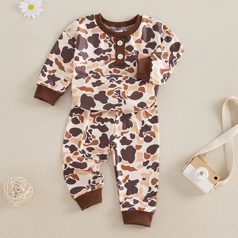 Infant Boys Fall Outfits Camouflage Letter Pattern Long Sleeve Crew Neck Rompers with Elastic Waist Pants 2 Pcs Set