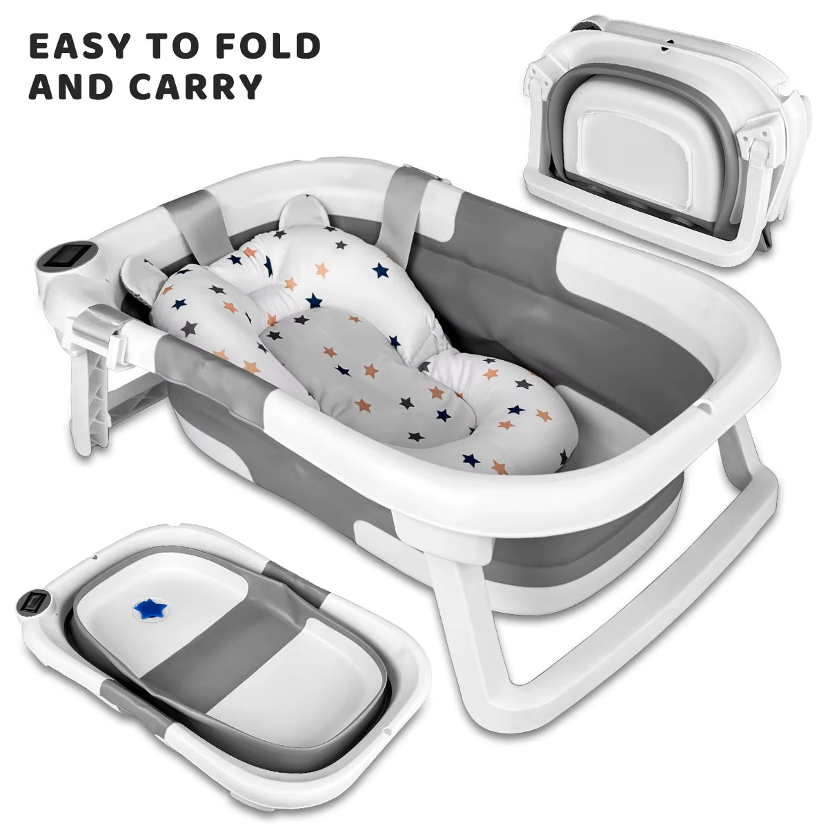 Foldable Baby Bathtub, Baby Bathtub with Soft Cushion and Thermometer, Portable Travel Baby Bathtub