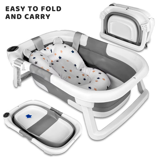 Foldable Baby Bathtub, Baby Bathtub with Soft Cushion and Thermometer, Portable Travel Baby Bathtub