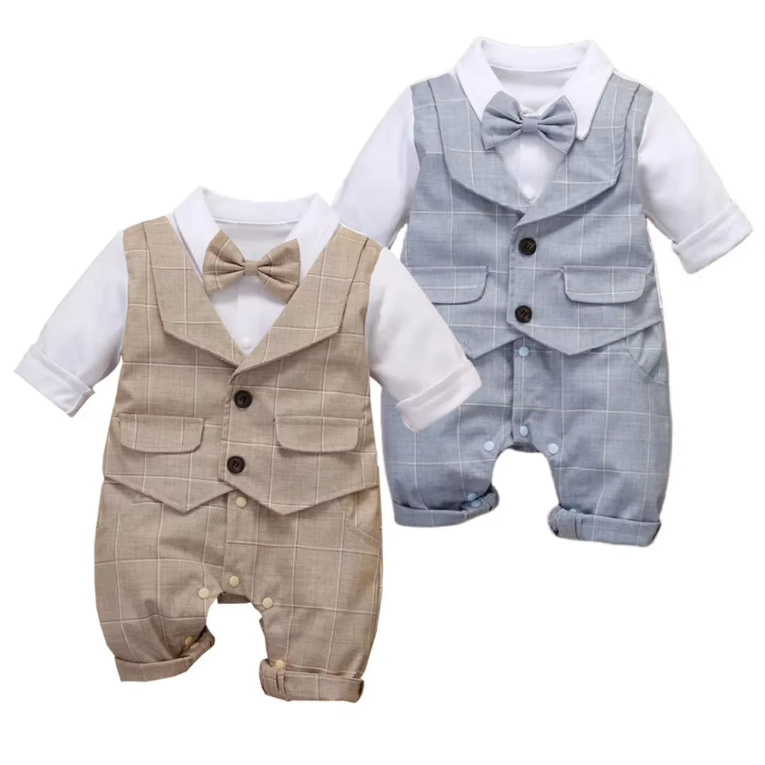 3-24M Baby Boy Formal Outfit Cotton Plaid Vest Romper Infant Toddler Birthday Party Anniversary Clothes
