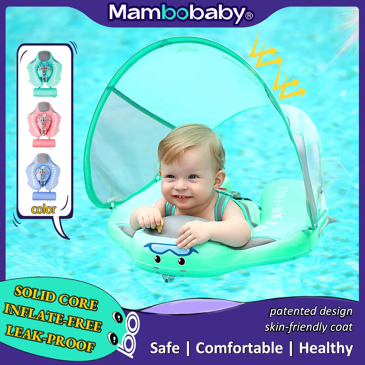 Baby Float with Sunshade Canopy and Crotch Strap Inflatable-Free Safe Core Swimming Pool Accessory Bathroom Water Toy