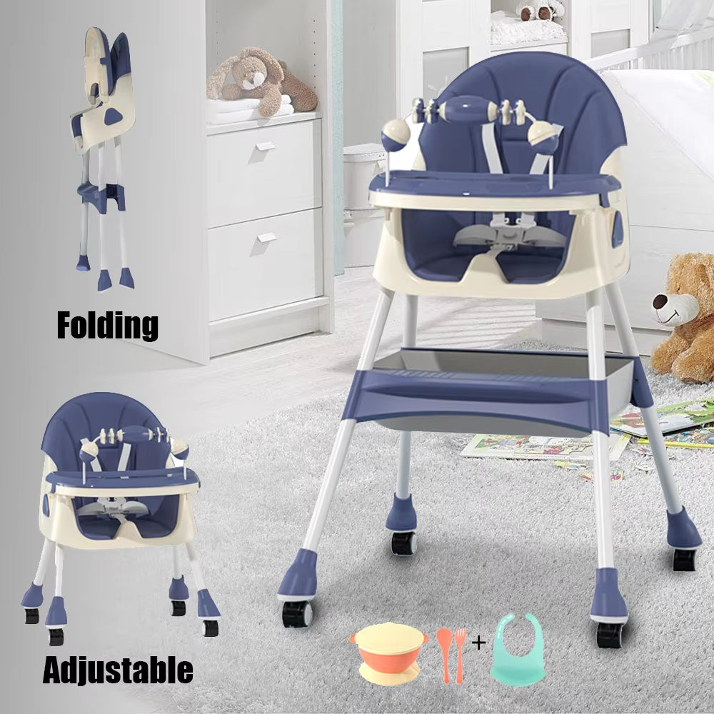 Foldable Baby High Chair 4-In-1 Foldable Reclining Feeding Table Chair Seat 7 Heights with Toyrack Easy to Clean Feeding