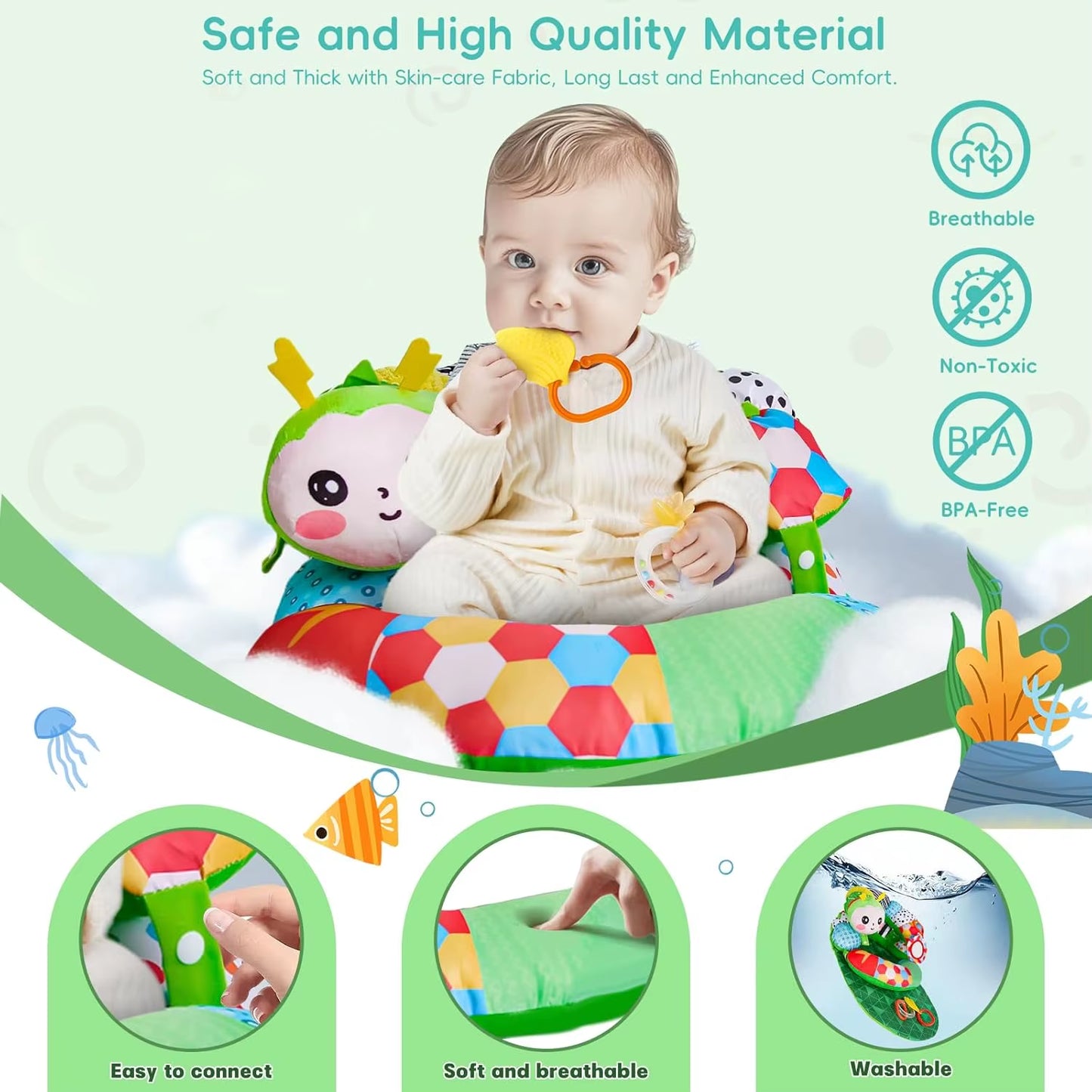 Extra Long 3-In-1 Baby Tummy Time Pillow & Playmat for Newborns 0-12 Months, Soft Support Toy with Sensory Features