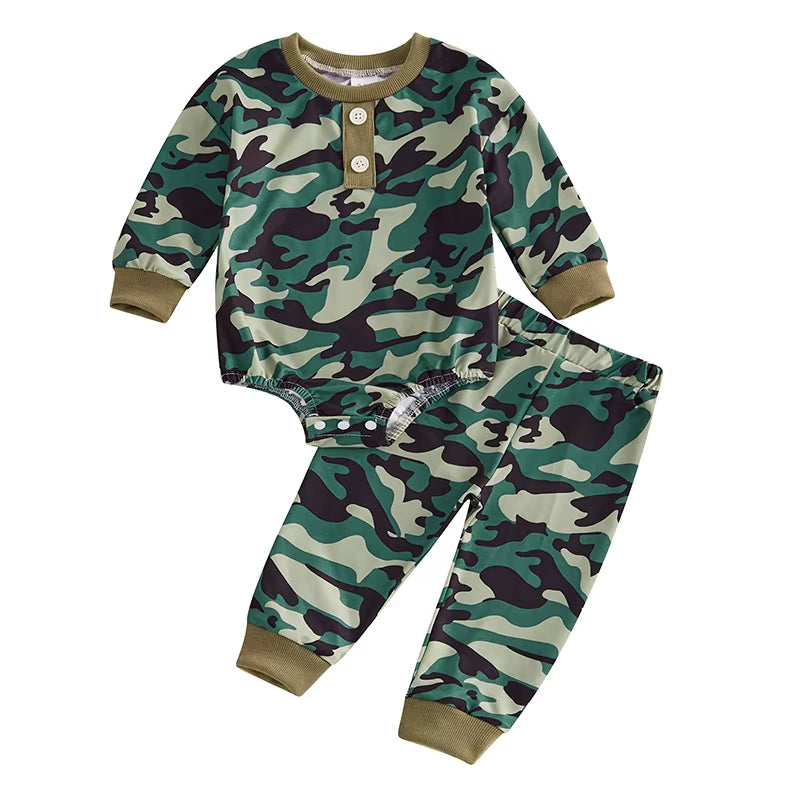 Infant Boys Fall Outfits Camouflage Letter Pattern Long Sleeve Crew Neck Rompers with Elastic Waist Pants 2 Pcs Set