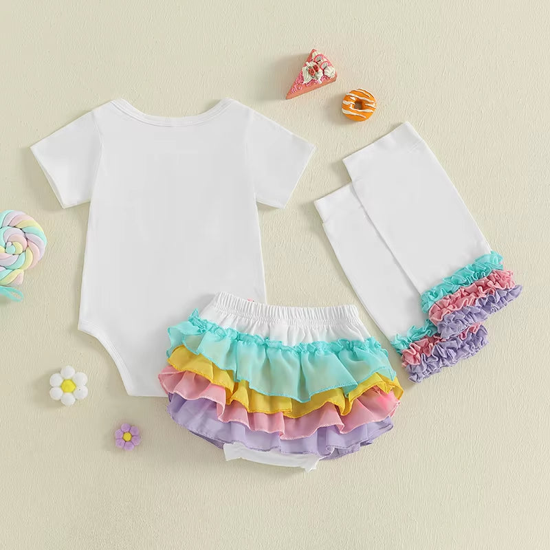 Toddler Girl Birthday Set Cupcake Print Short Sleeve Bodysuit Layered Tulle Skirt Leg Warmers Headband Summer Outfit Party