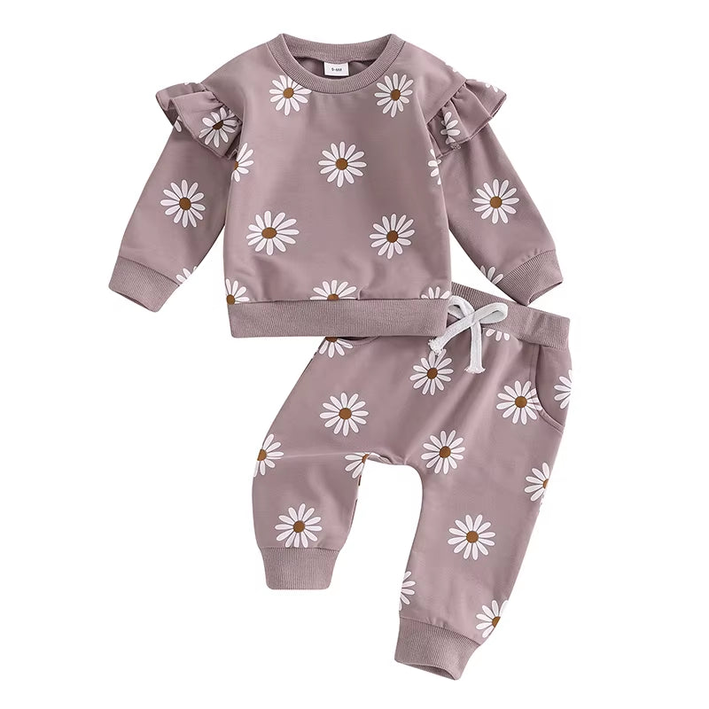 2024-05-24  Toddler Girl Fall Outfit Daisy Print Long Sleeve Sweatshirt with Elastic Waist Pants 2 Pcs Set