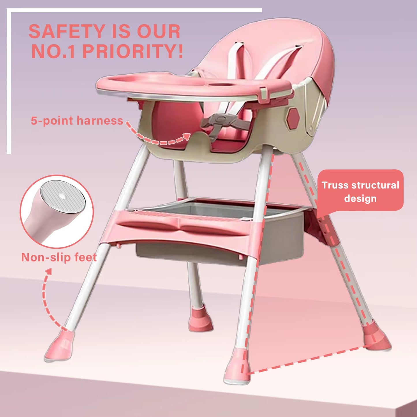 Foldable Baby High Chair 4-In-1 Foldable Reclining Feeding Table Chair Seat 7 Heights with Toyrack Easy to Clean Feeding