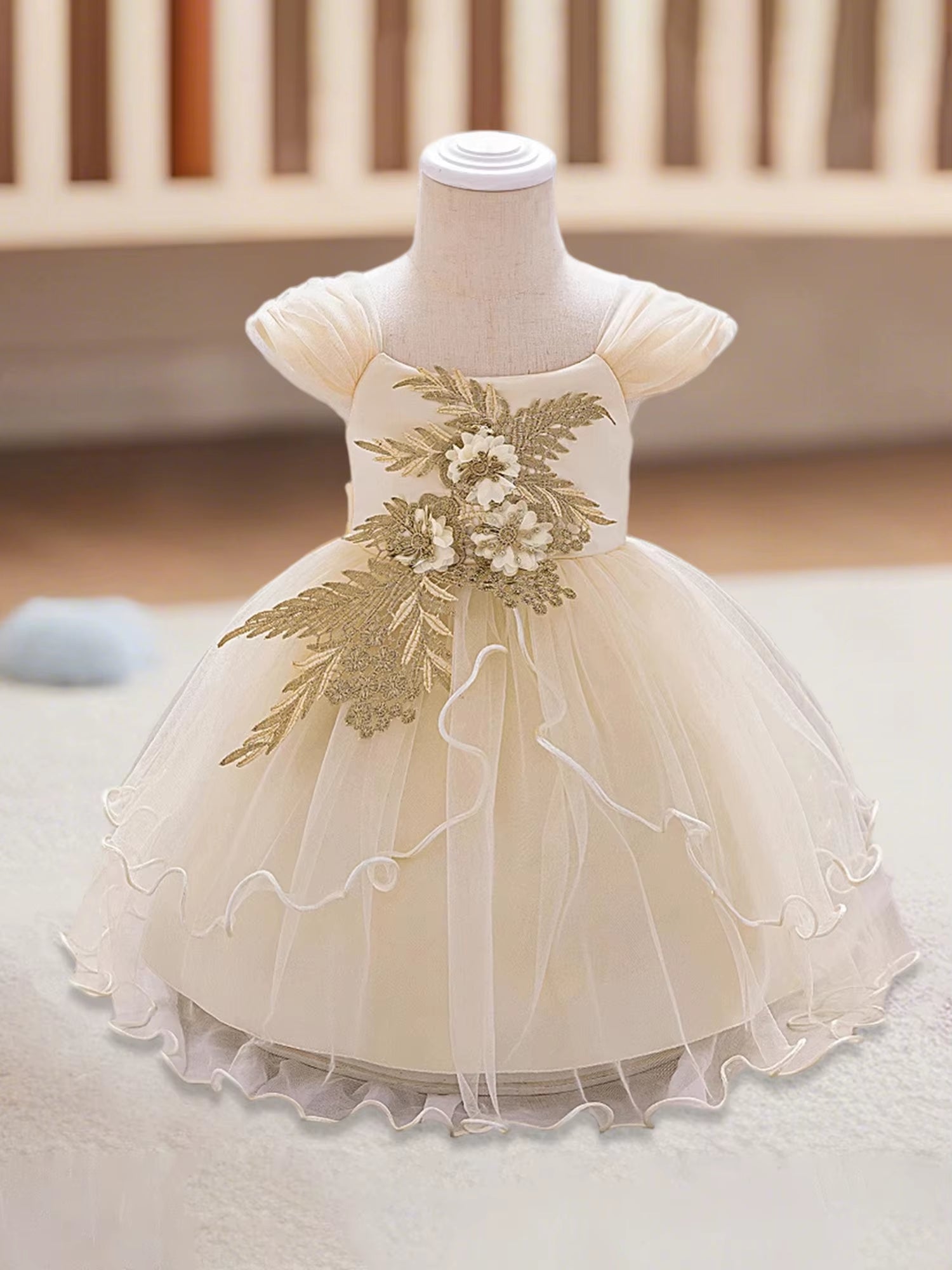 Elegant Toddler Girl S Party Dress with 3D Floral Embellishments and Cap Sleeves Perfect for Wedding or Birthday Celebration