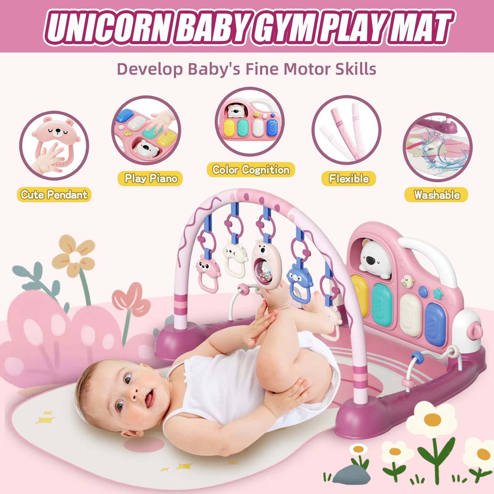 6-In-1 Baby Play Mat Gym 0-12 Months Pink – Kick Piano, Music, Lights, 5 Removable Toys+Bear Rattle – Tummy Time, Motor & Brain