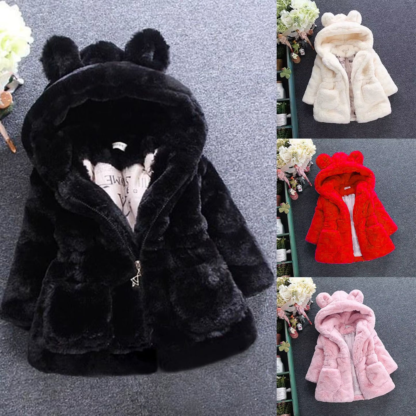 Kids Girls Winter Warm Coats Jacket Clothes Outwear Overcoat Ear Hooded Children'S Cotton Coat Cute Long Sleeve Fashion Jacket