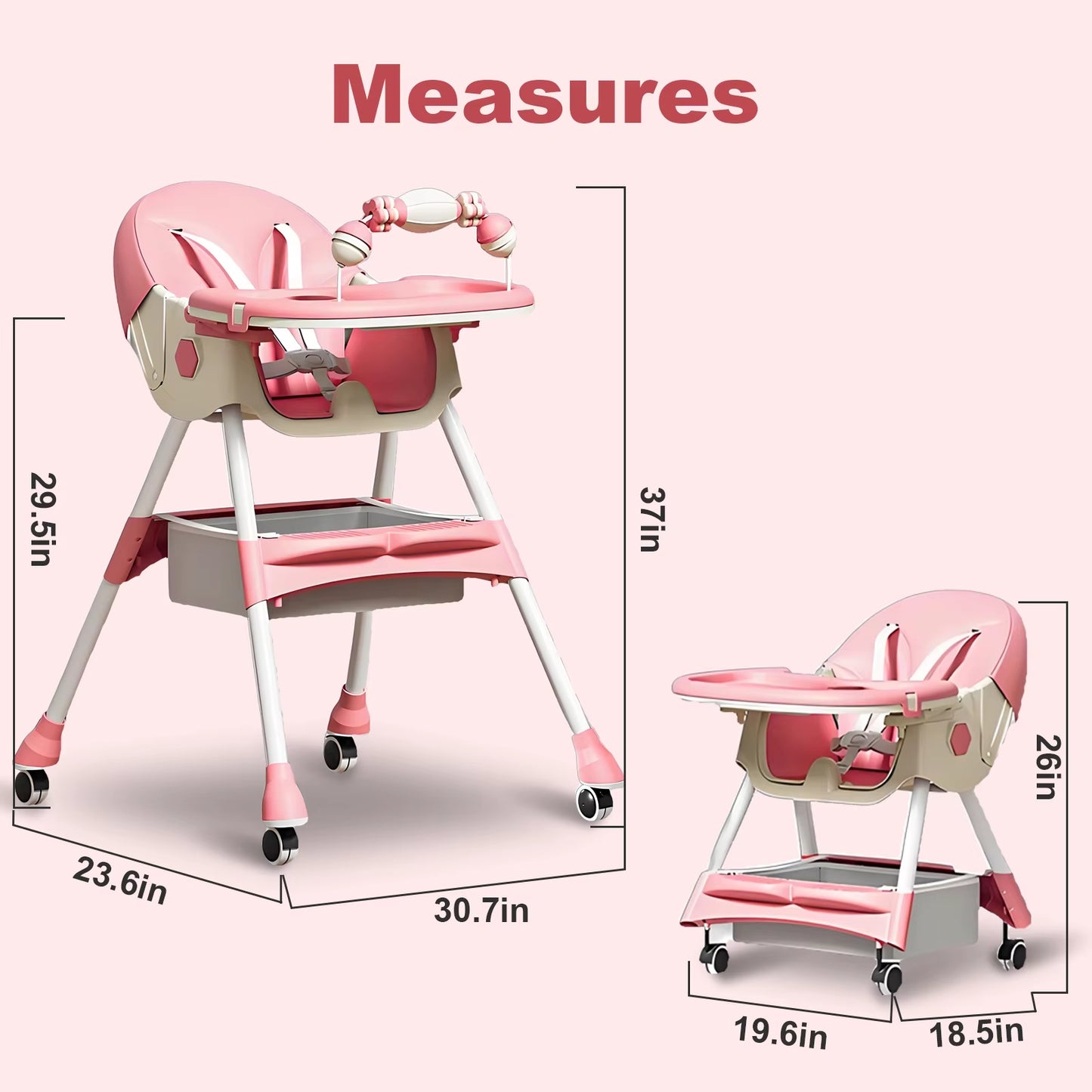 Foldable Baby High Chair 4-In-1 Foldable Reclining Feeding Table Chair Seat 7 Heights with Toyrack Easy to Clean Feeding