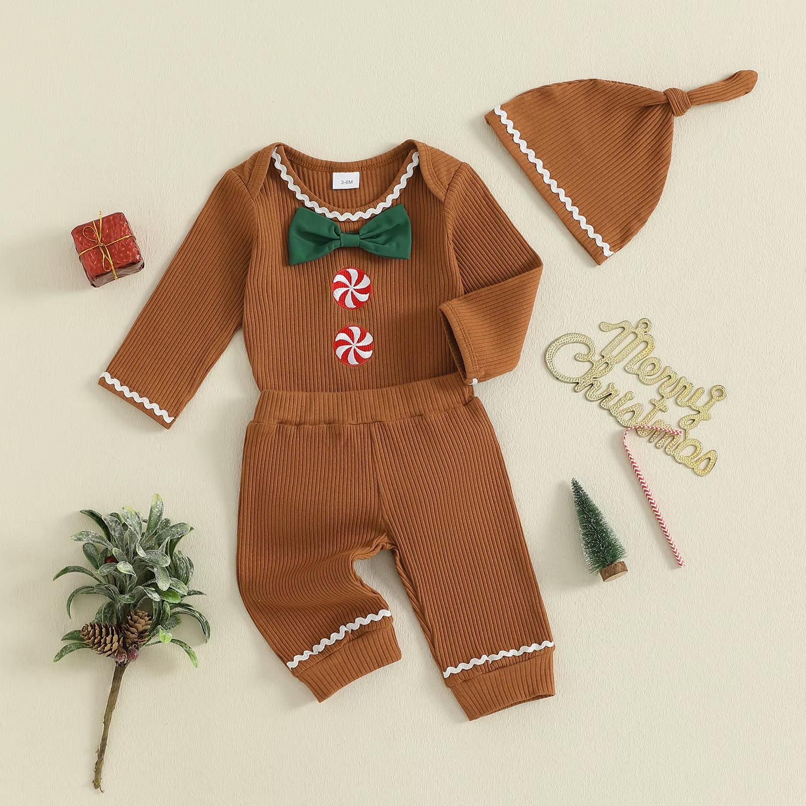 Toddler Baby 3 Piece Bodysuits Clothes Suit Fashion Infant Long Sleeve Gingerbread Man Bow Jumpsuit Hat Elastic Waist Pants Set