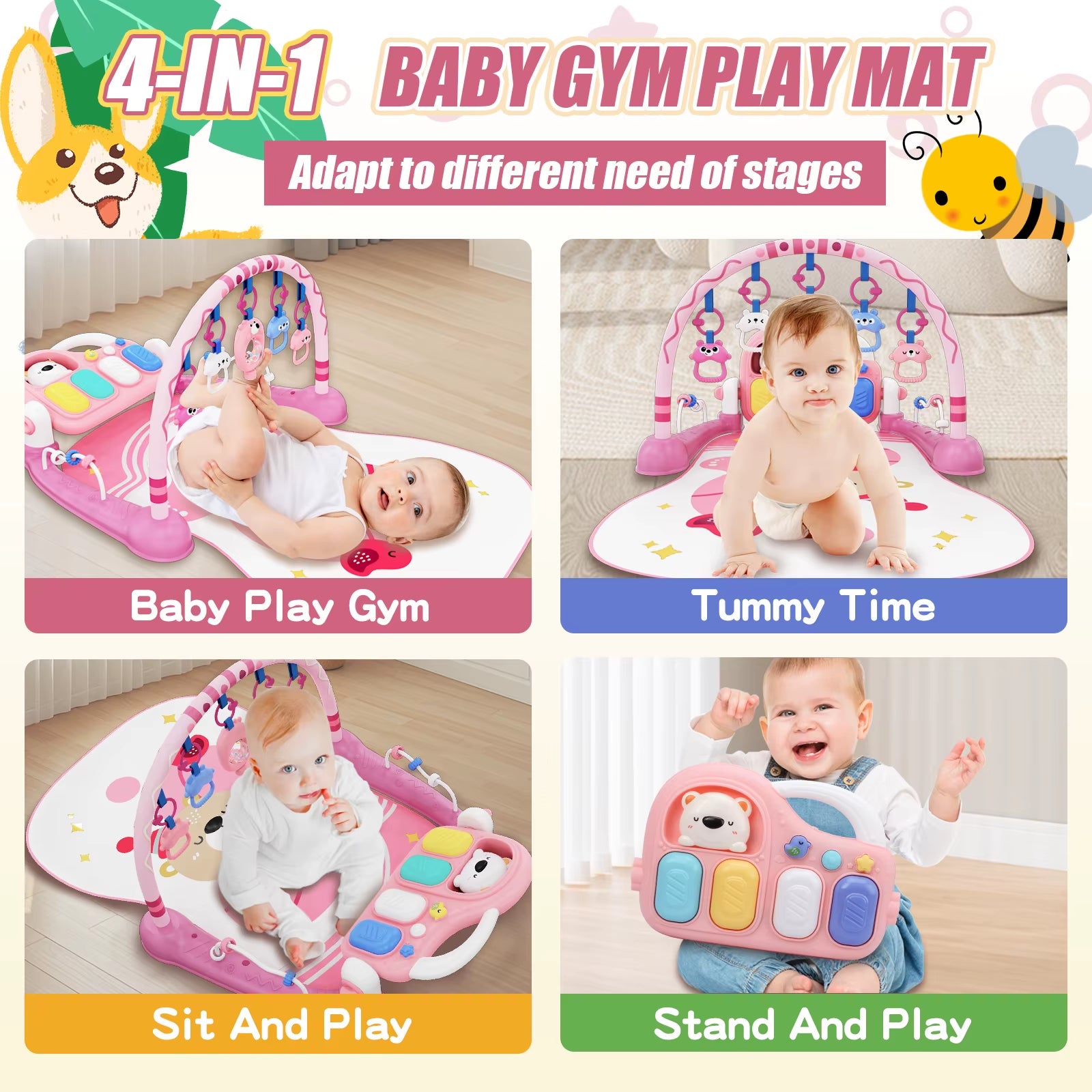 6-In-1 Baby Play Mat Gym 0-12 Months Pink – Kick Piano, Music, Lights, 5 Removable Toys+Bear Rattle – Tummy Time, Motor & Brain
