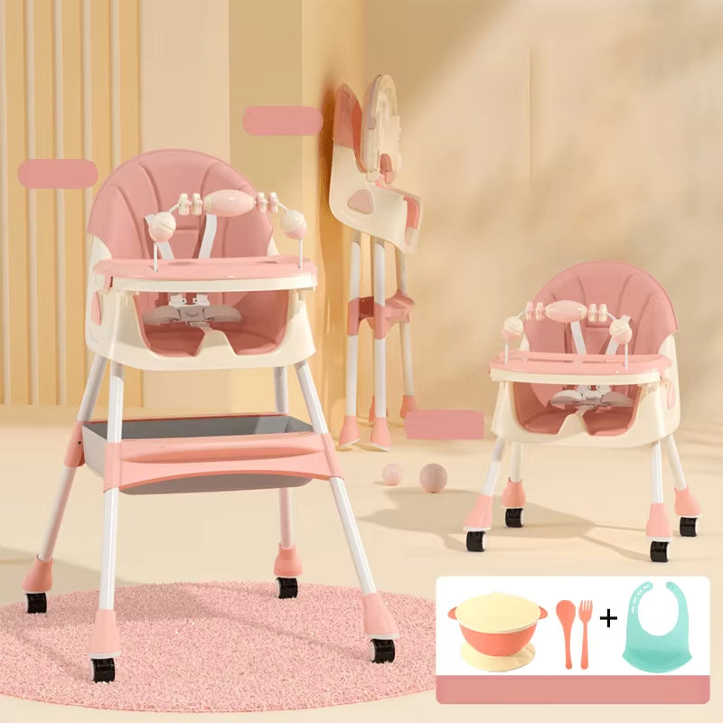 Foldable Baby High Chair 4-In-1 Foldable Reclining Feeding Table Chair Seat 7 Heights with Toyrack Easy to Clean Feeding