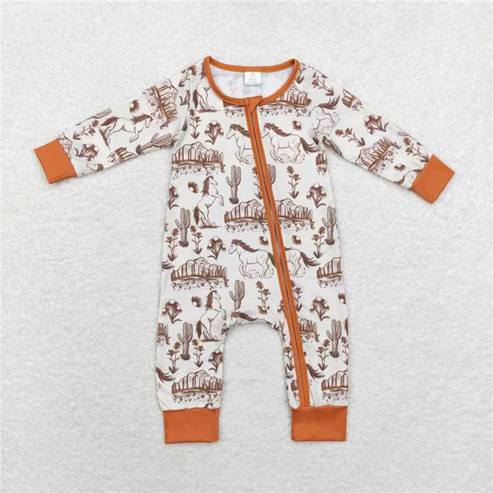 Baby Infant Boys Western Horse Cactus Print Zip Romper Long Sleeve Bamboo Clothes for Babies