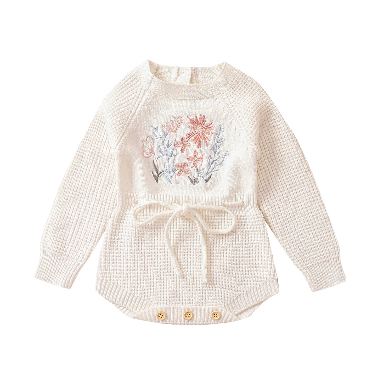 Infant Baby Girl Knit Jumpsuit Flower Embroidery Long Sleeve Drawstring Waist Romper for Autumn 0-24M