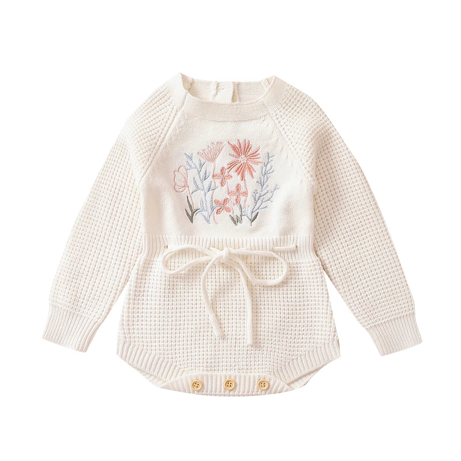 Infant Baby Girl Knit Jumpsuit Flower Embroidery Long Sleeve Drawstring Waist Romper for Autumn 0-24M