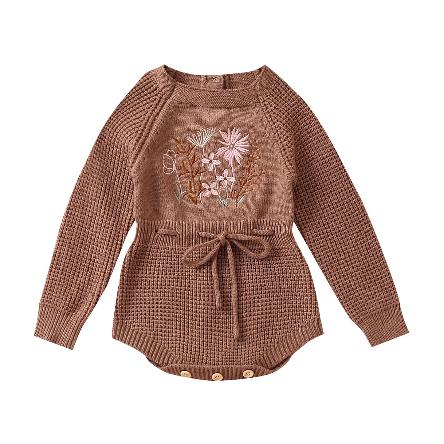 Infant Baby Girl Knit Jumpsuit Flower Embroidery Long Sleeve Drawstring Waist Romper for Autumn 0-24M