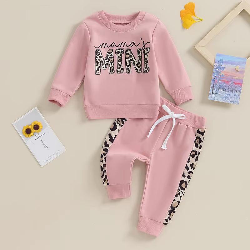 2023-09-15  0-3Y Newborn Baby Girls Clothing Set Letter & Leopard Print Long Sleeve Pullover Strap Pants 2 Pcs Outfit