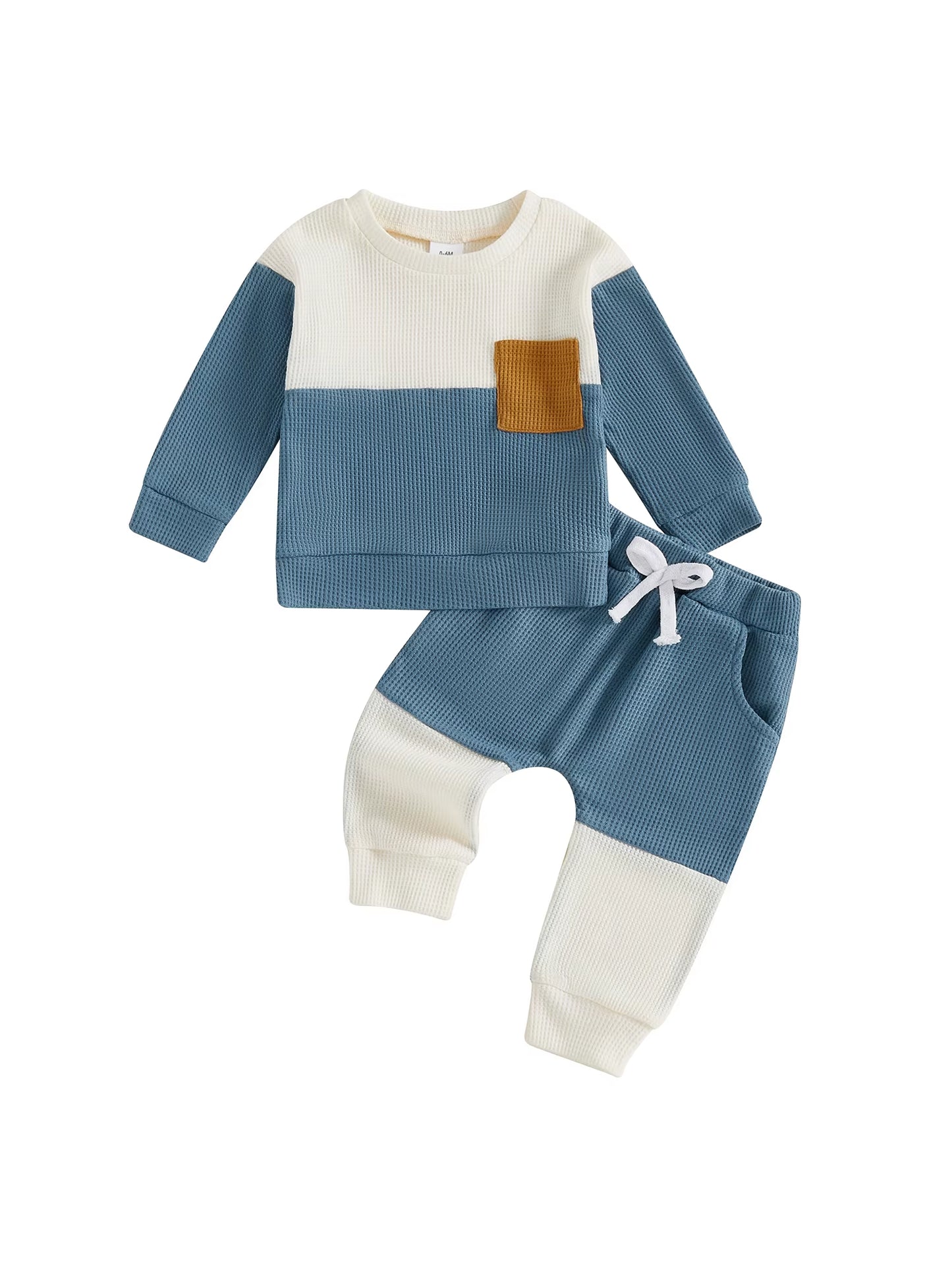 Stylish Baby Boy 2 Piece Set with Long Sleeve round Neck Waffle Tops and Elastic Waist Pants in Trendy Contrast Colors