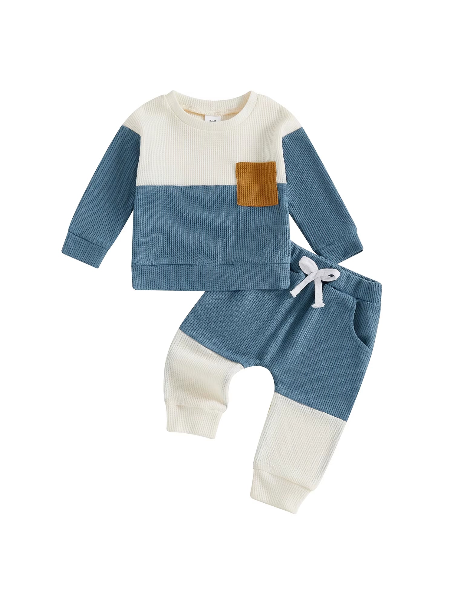 Stylish Baby Boy 2 Piece Set with Long Sleeve round Neck Waffle Tops and Elastic Waist Pants in Trendy Contrast Colors