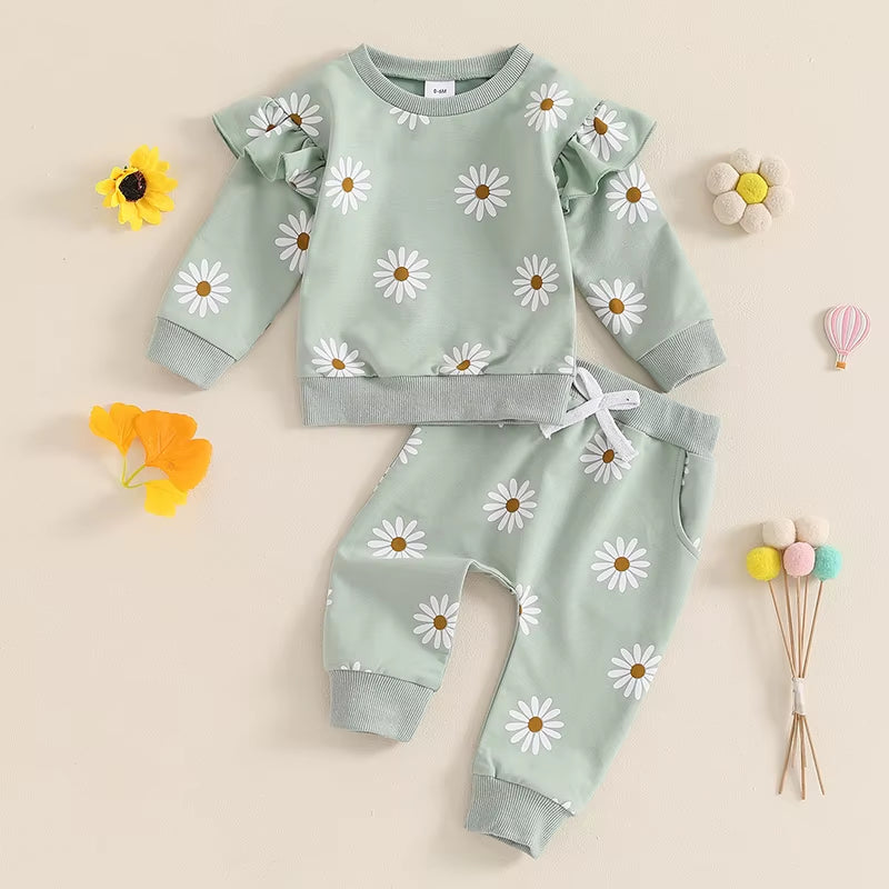 2024-05-24  Toddler Girl Fall Outfit Daisy Print Long Sleeve Sweatshirt with Elastic Waist Pants 2 Pcs Set
