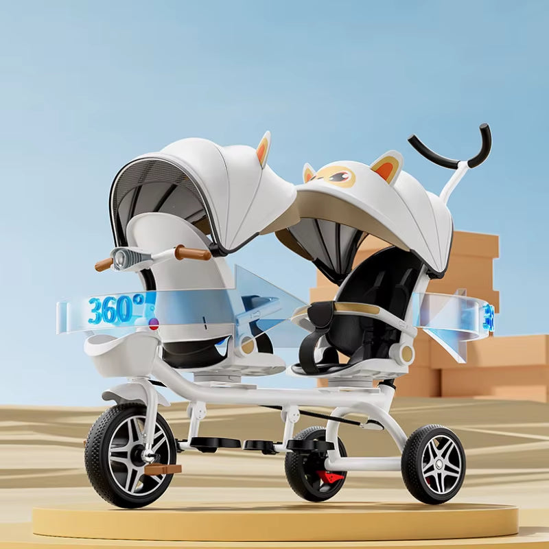 Multifunctional Twin Children'S Tricycle Foldable Baby Bicycle Two-Way Twin Baby Stroller Swivel Seat Double Stroller