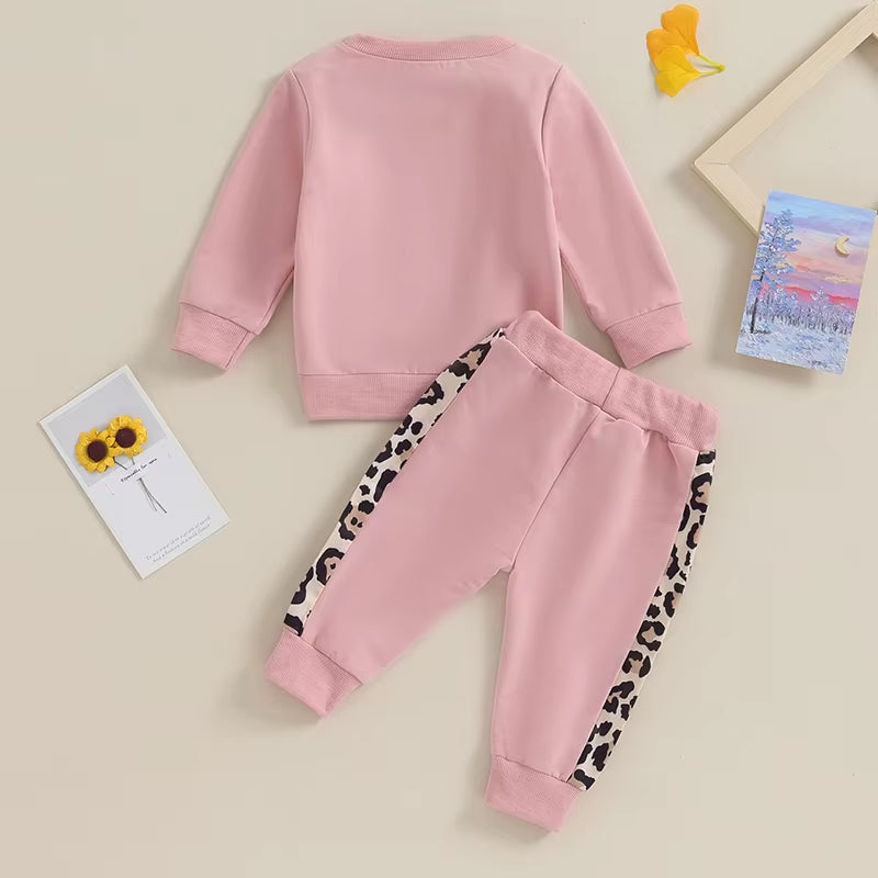 2023-09-15  0-3Y Newborn Baby Girls Clothing Set Letter & Leopard Print Long Sleeve Pullover Strap Pants 2 Pcs Outfit