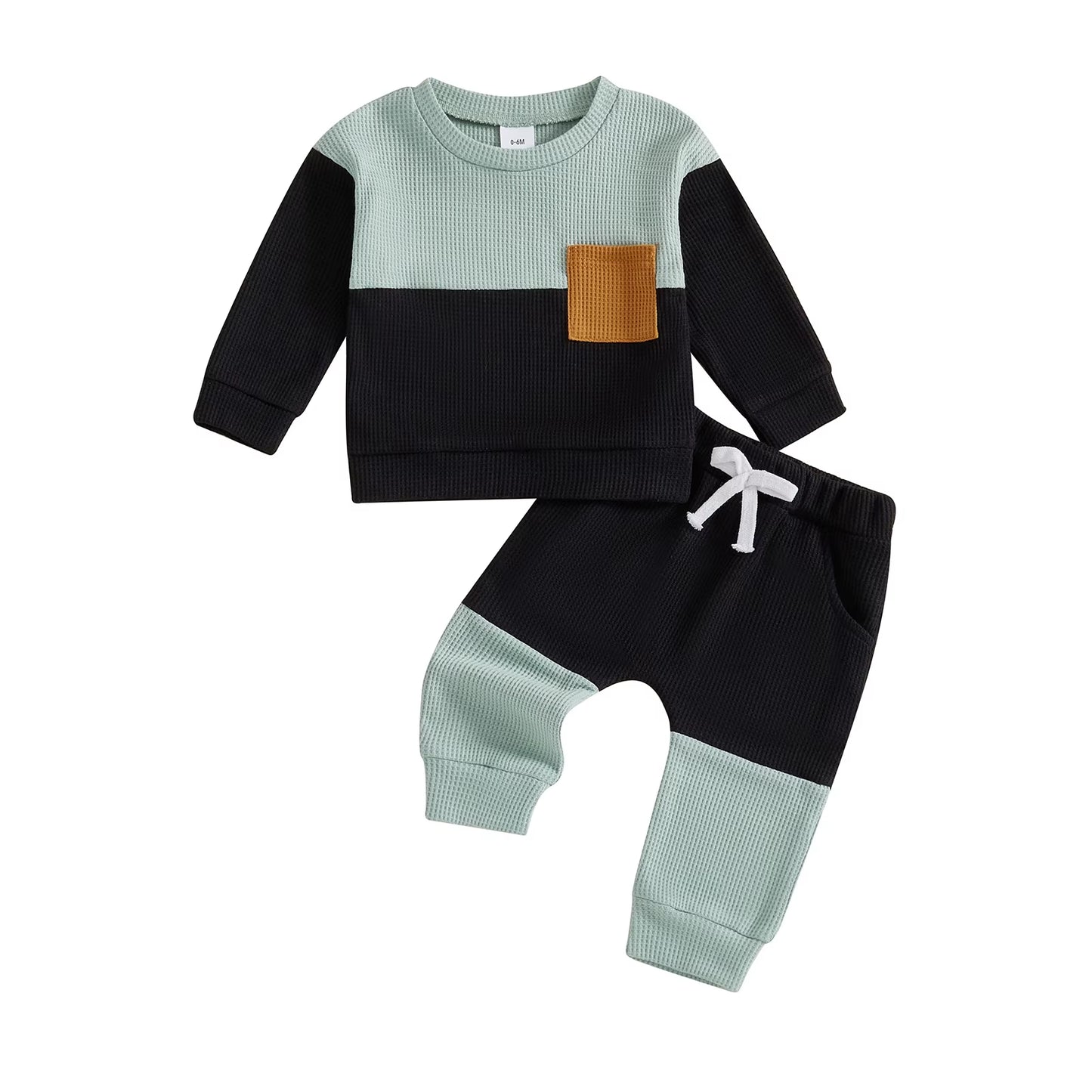 Stylish Baby Boy 2 Piece Set with Long Sleeve round Neck Waffle Tops and Elastic Waist Pants in Trendy Contrast Colors